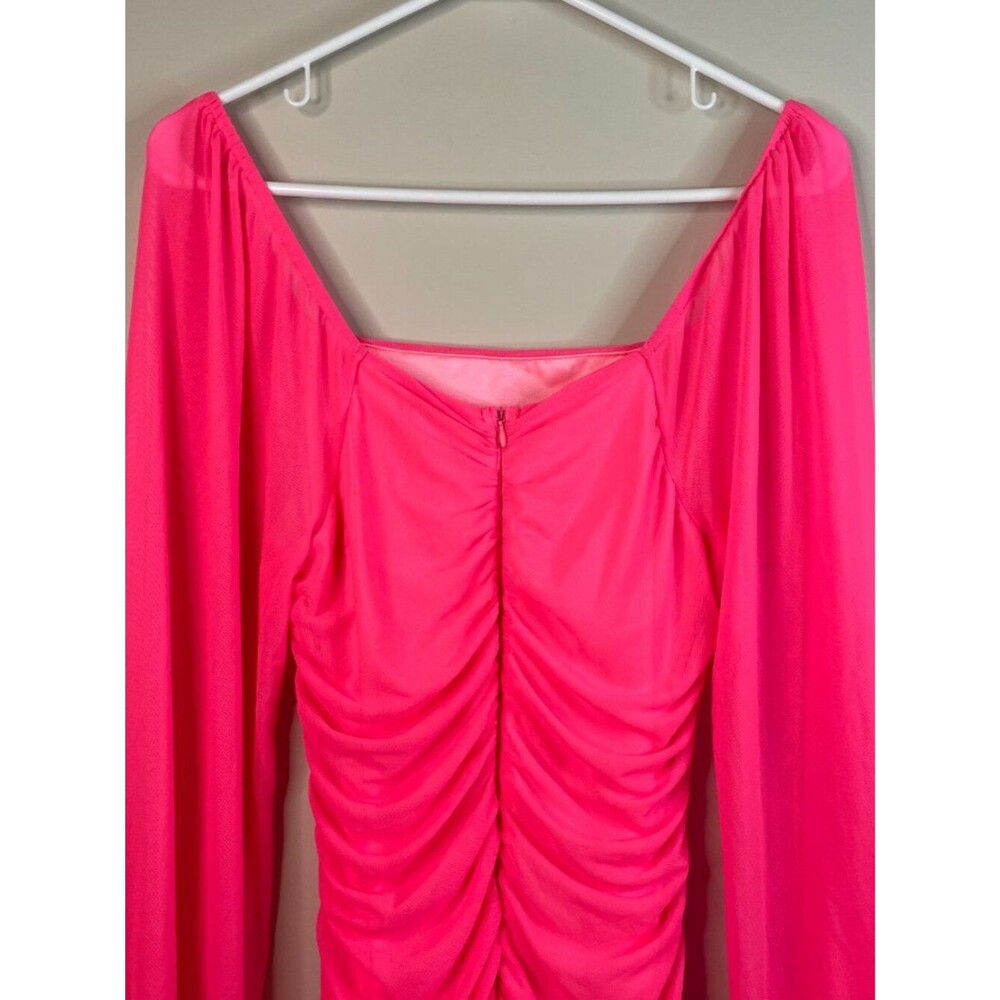 MEROKEETY Hot Pink Long Sleeve Square Neck Mesh Bodycon Midi Dress Size M 8-10 - Picture 10 of 15